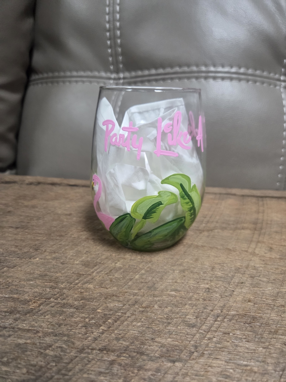 Party Like a Flockstar" Hand-Painted Tropical Flamingo Stemless Wine Glass B1S